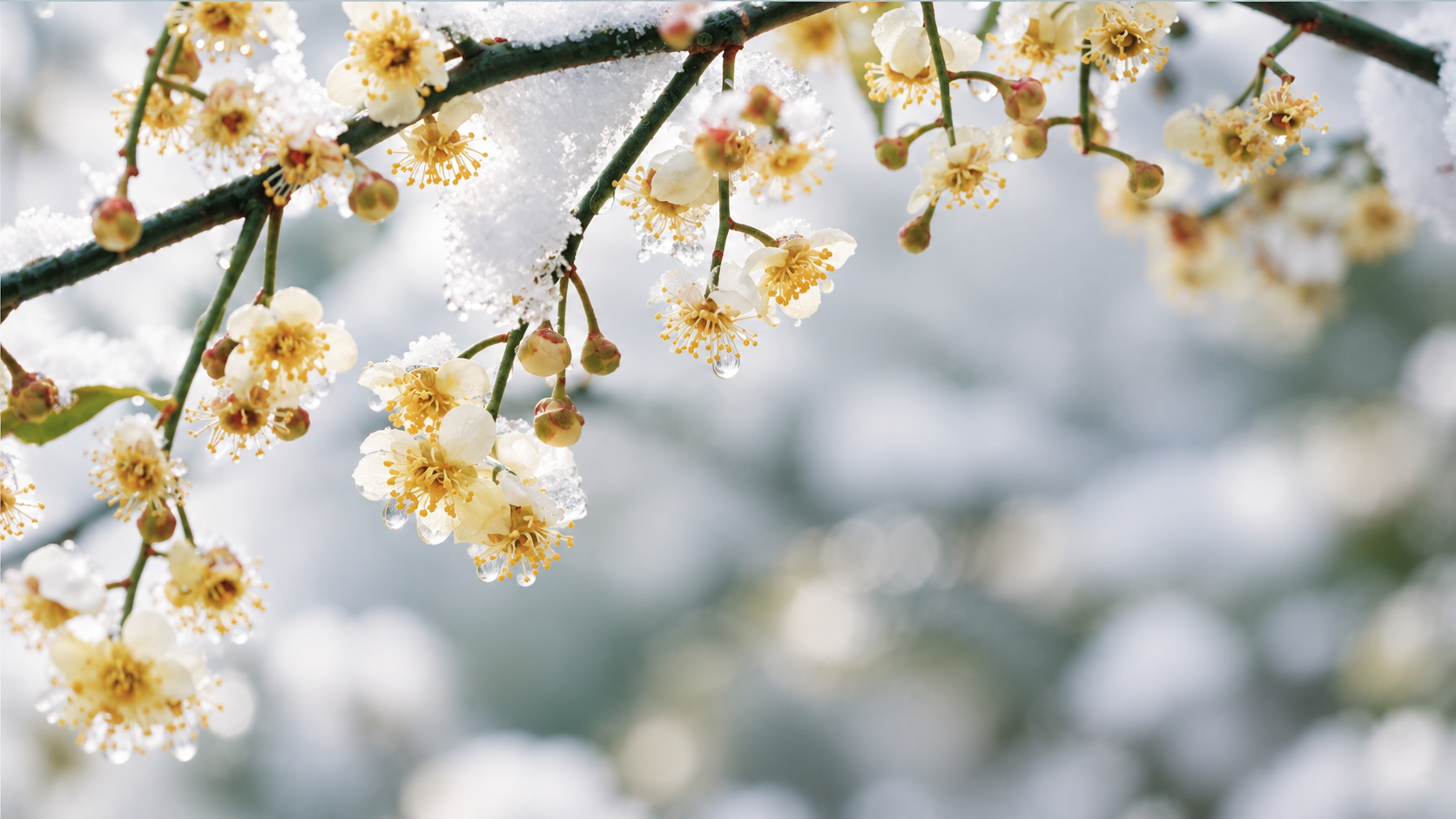 雪中淡黄色花朵的精细花瓣、金色花蕊与晶莹水滴,呈现特色植物的生命细节